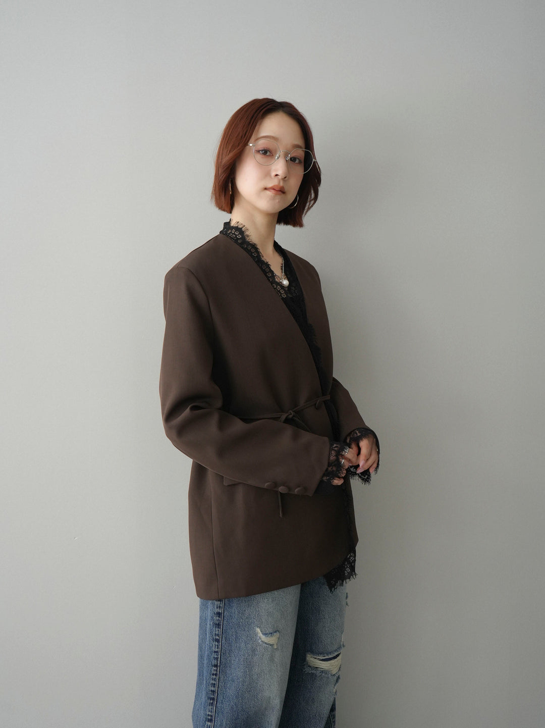 [SET]ノーカラーレースジャケット+カップ付テレコリブベアキャミソール+ダメージデニムセミワイドパンツ(3set)