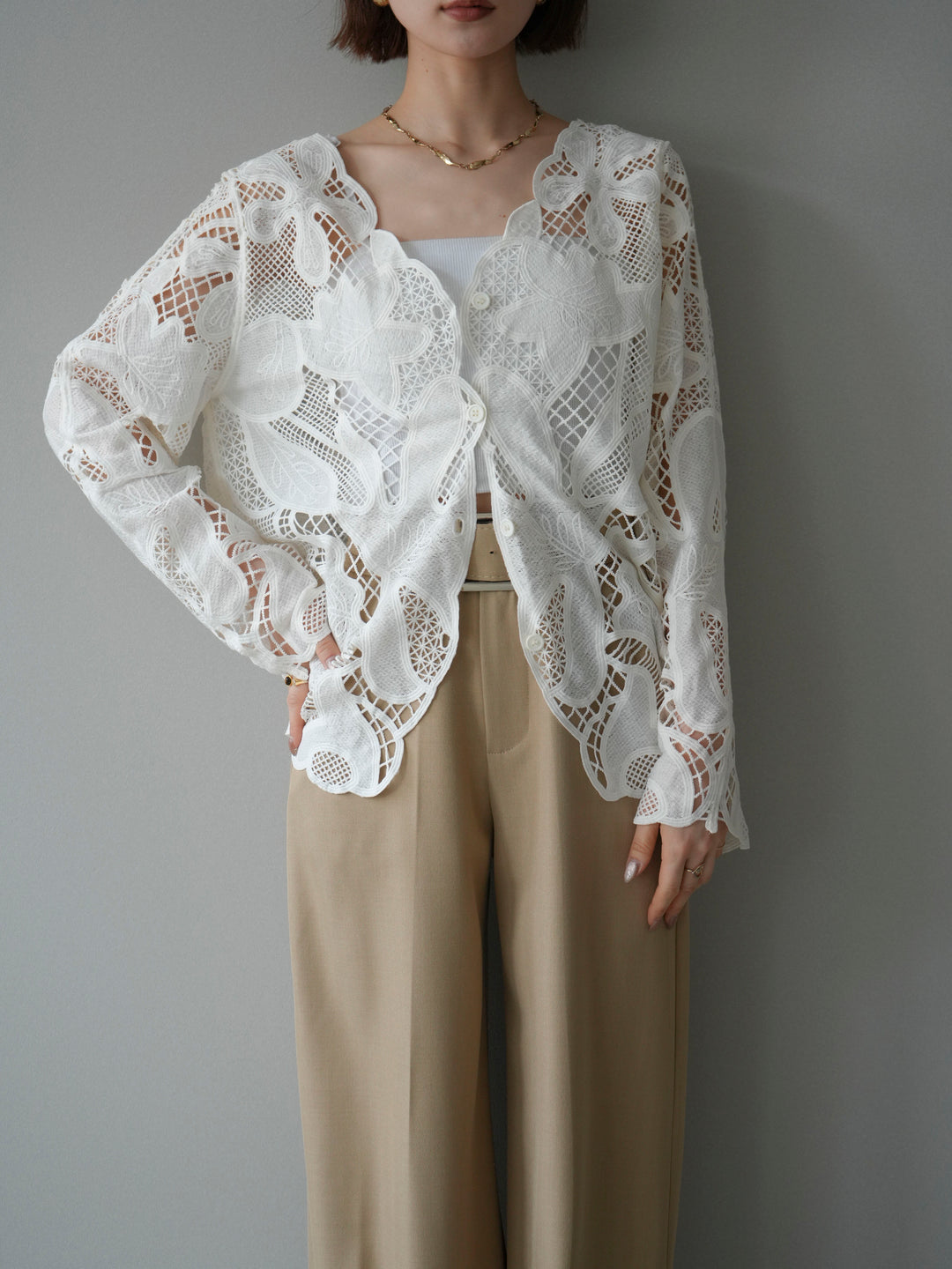 [予約]立体レーススカラップブラウス/white