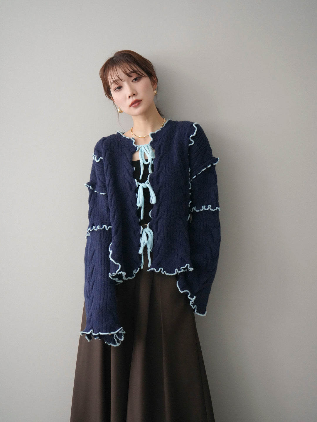 [予約]フロントリボン配色メローニットカーディガン/navy