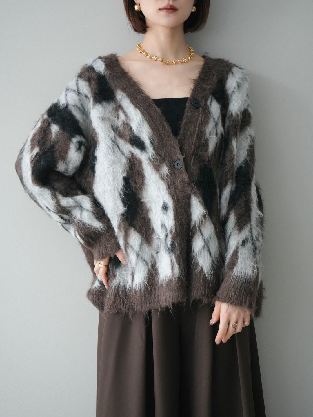 [予約]アーガイル柄シャギーニットカーディガン/brown