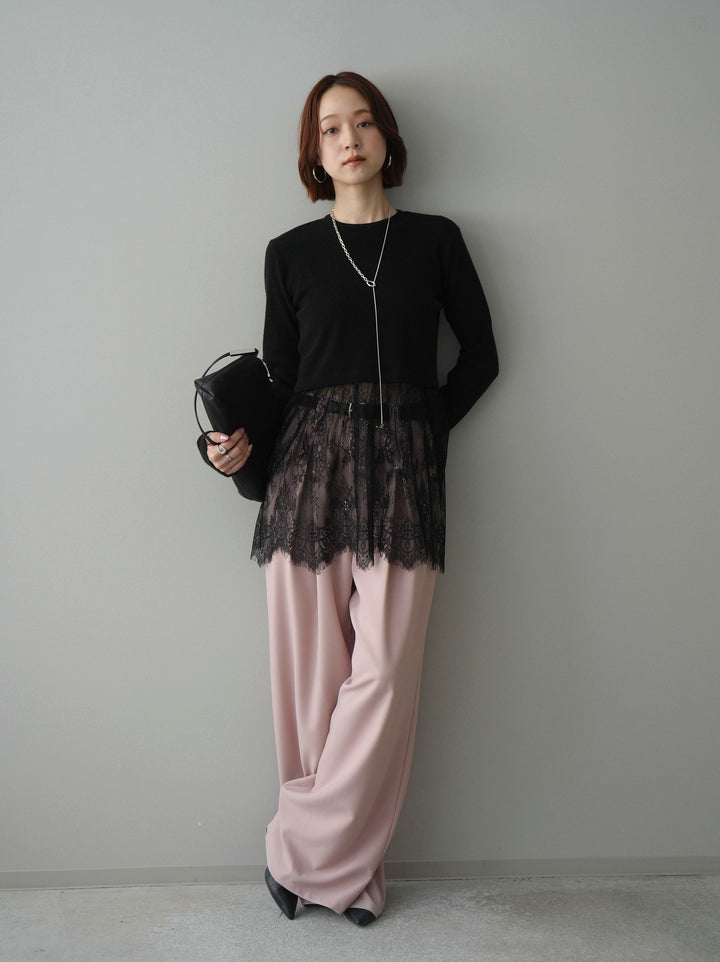 [SET]クルーネックレースドッキングリブニットトップス+ベルト付キーホルダーモチーフワイドパンツ(2set)