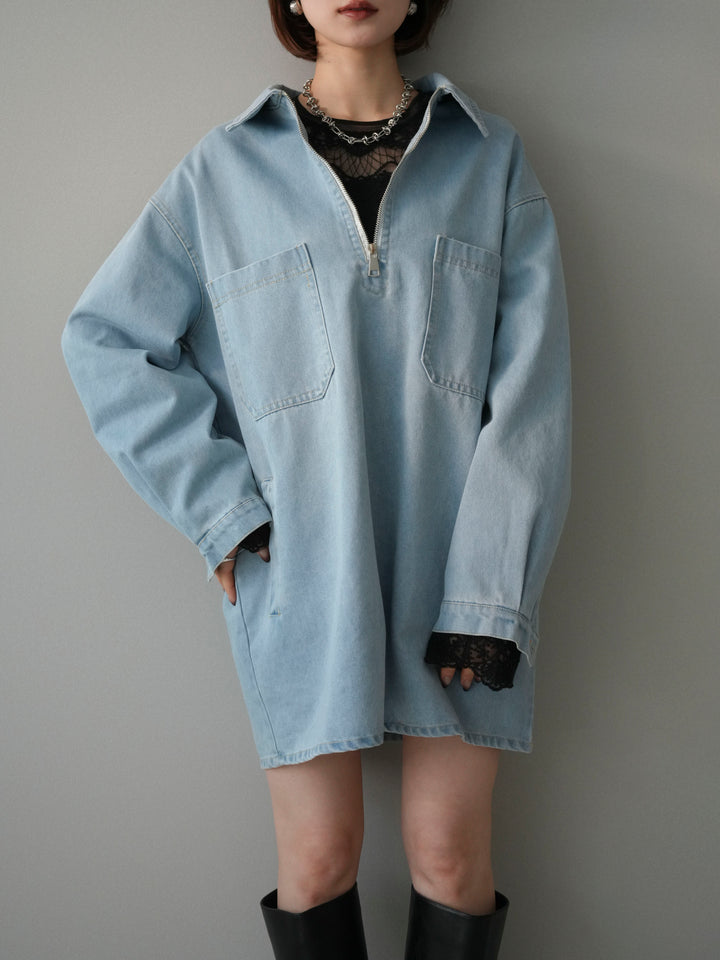 [SET]ハーフジップデニムミニワンピース+チュールレーストップス(2set)