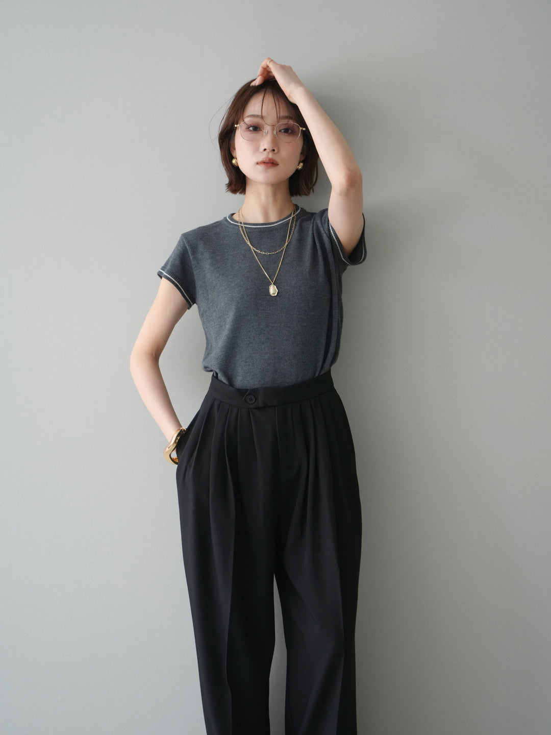 [SET]配色ハーフスリーブニットトップス+メニータックワイドパンツ(2set)