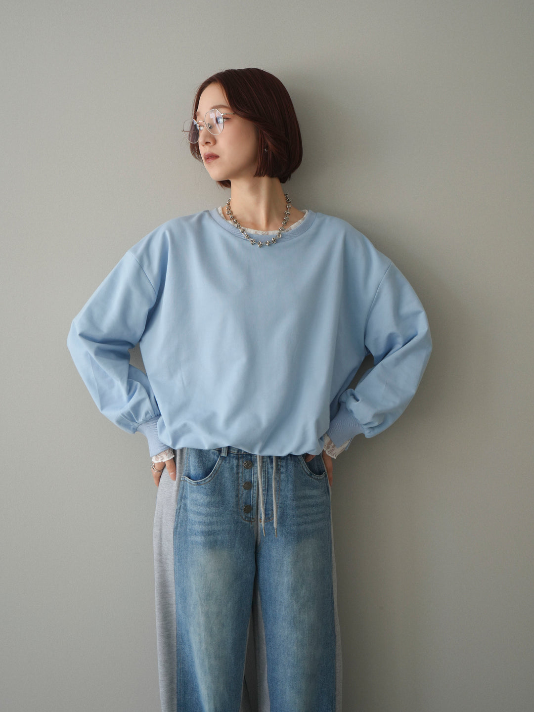 [予約]袖レースカットバルーンプルオーバー/sax