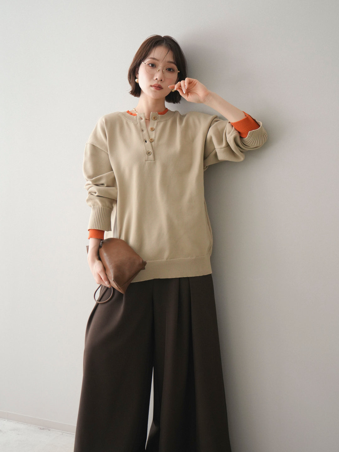 [予約]2WAYネック配色レイヤードニットプルオーバー/beige