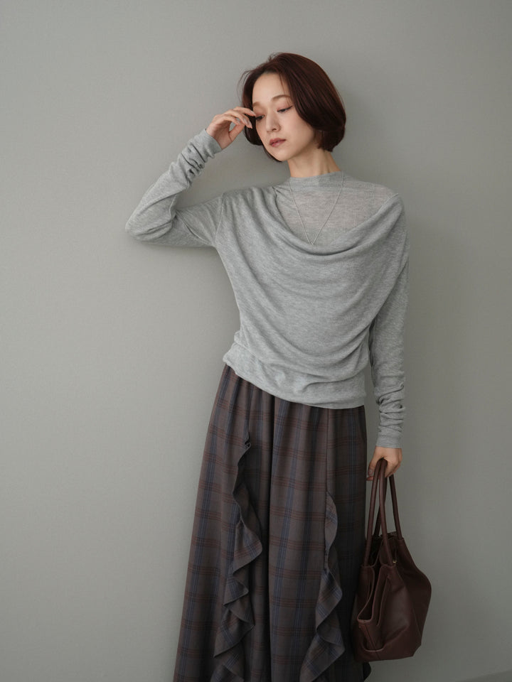 [予約]ボトルネックドレープレイヤードニットトップス/gray
