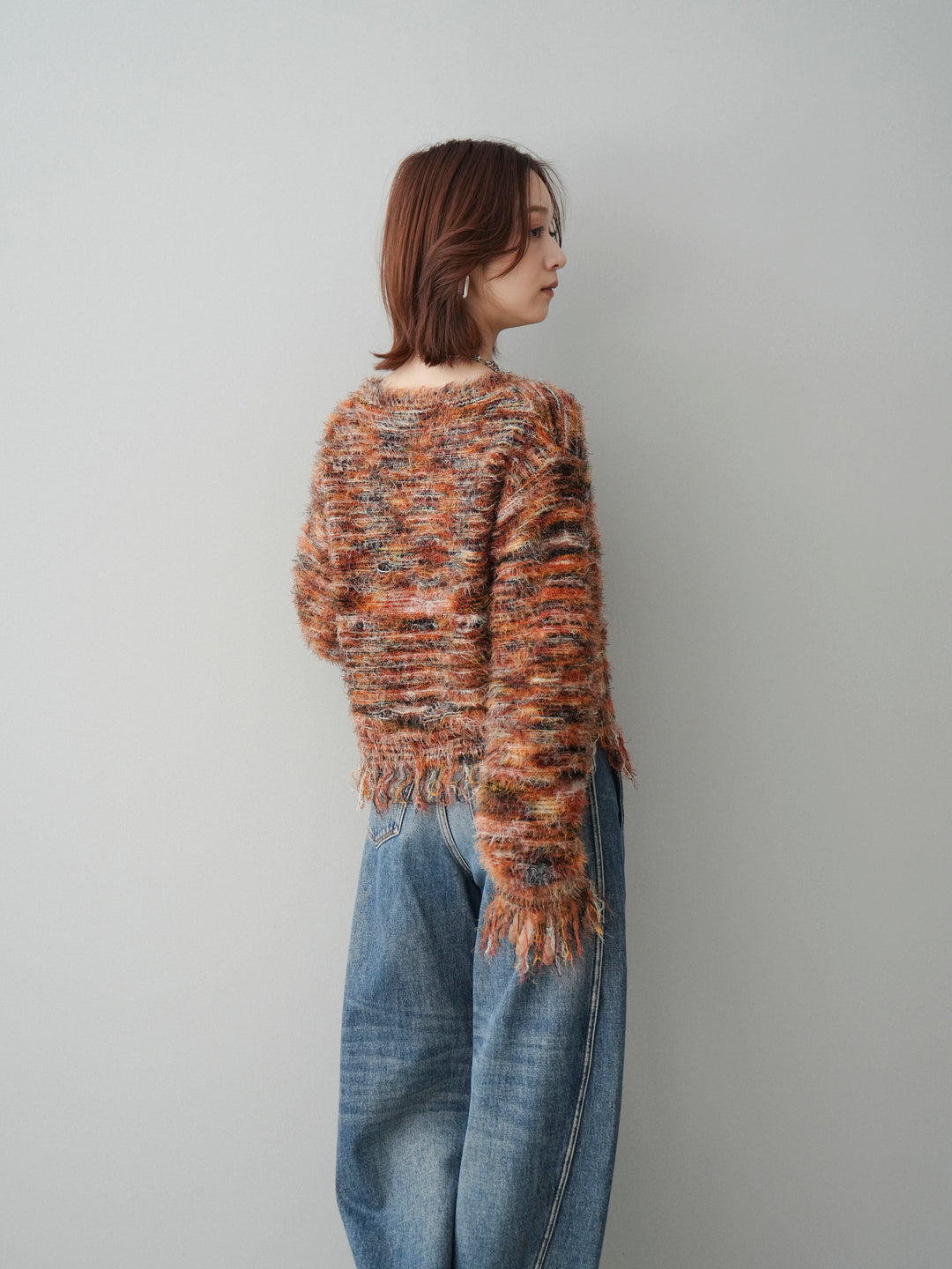 [SET]裾フリンジミックスヤーンシャギープルオーバー+サイド切替カーブデニムパンツ(2set)