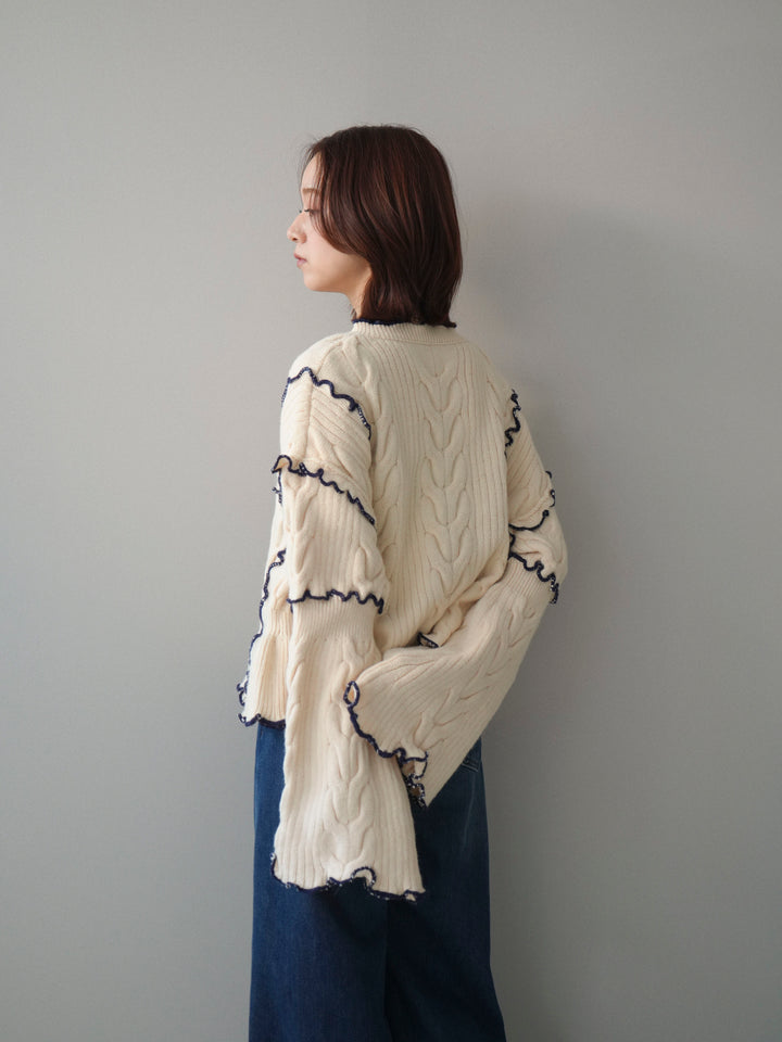 [SET]フロントリボン配色メローニットカーディガン+裏起毛裾フリンジワイドデニムパンツ(2set)