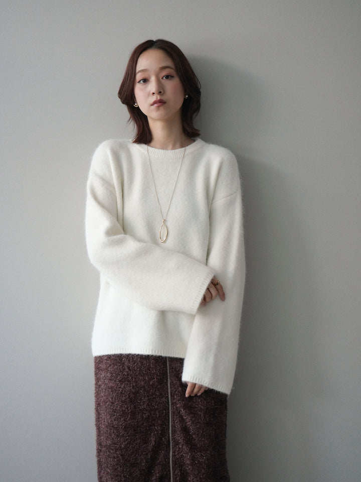 [SET]アンゴラタッチクルーネックニットプルオーバー+ラメシャギーフロントジップスカート(2set)