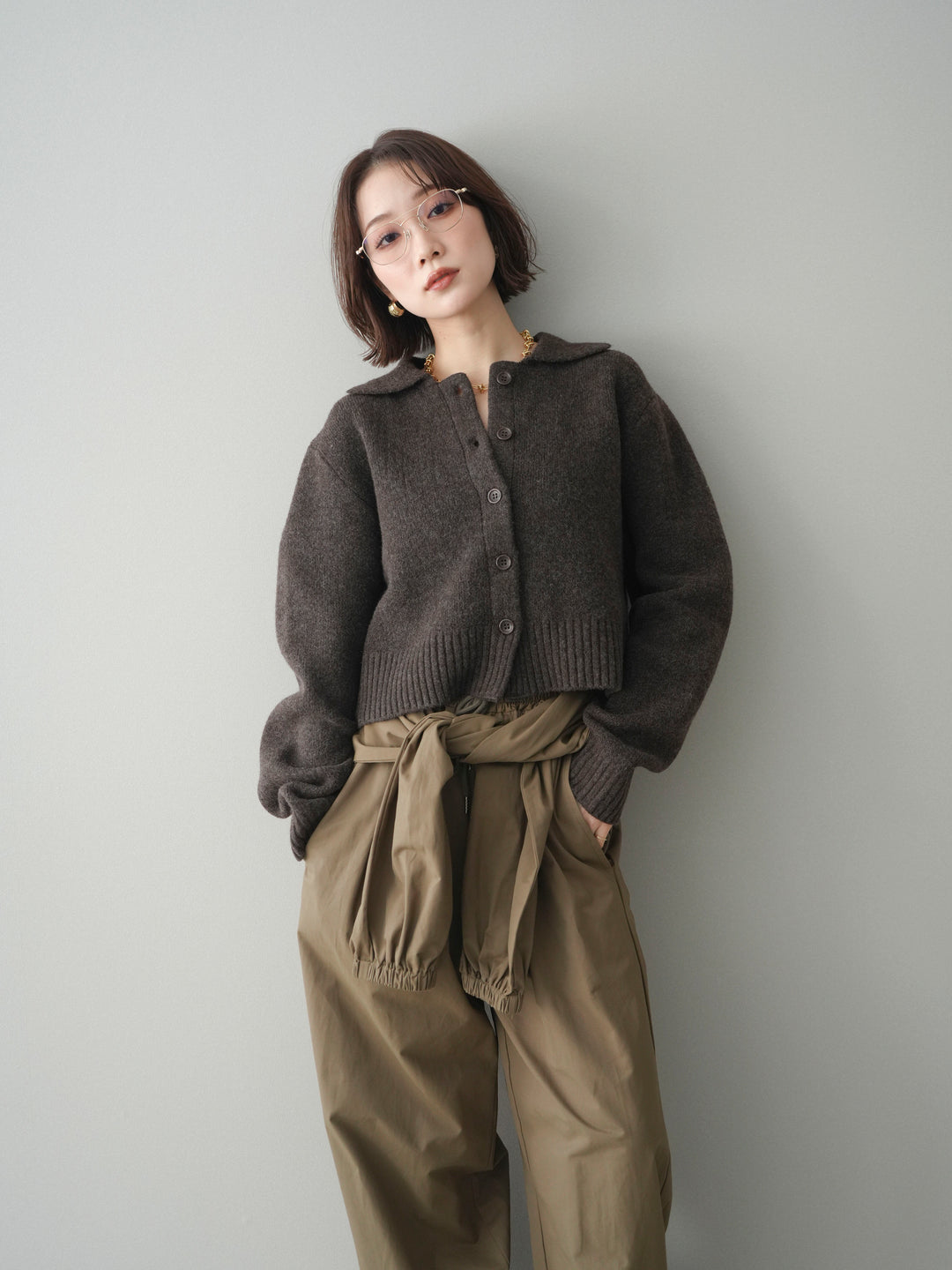 [予約]メランジニット襟付きクロップドカーディガン/brown