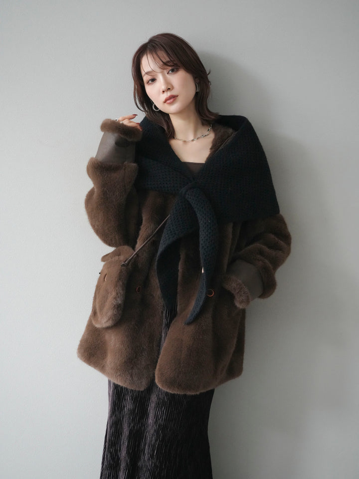 [SET]バッグ付エコファーノーカラーコート+選べるアクセセット(2set)