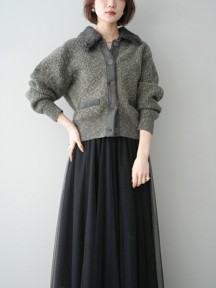 [SET]襟ボアミックスヤーンニットカーディガン+襟ボアミックスヤーンニットカーディガン(2set)