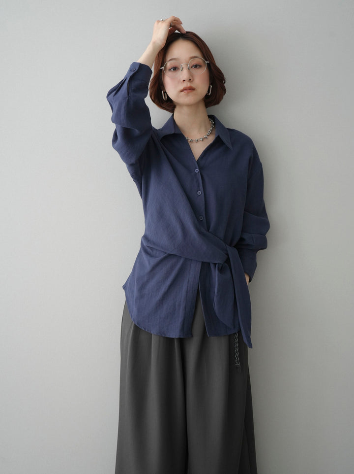 [SET]フロントアシンメトリーブラウス+編み込みベルト付タックワイドパンツ(2set)