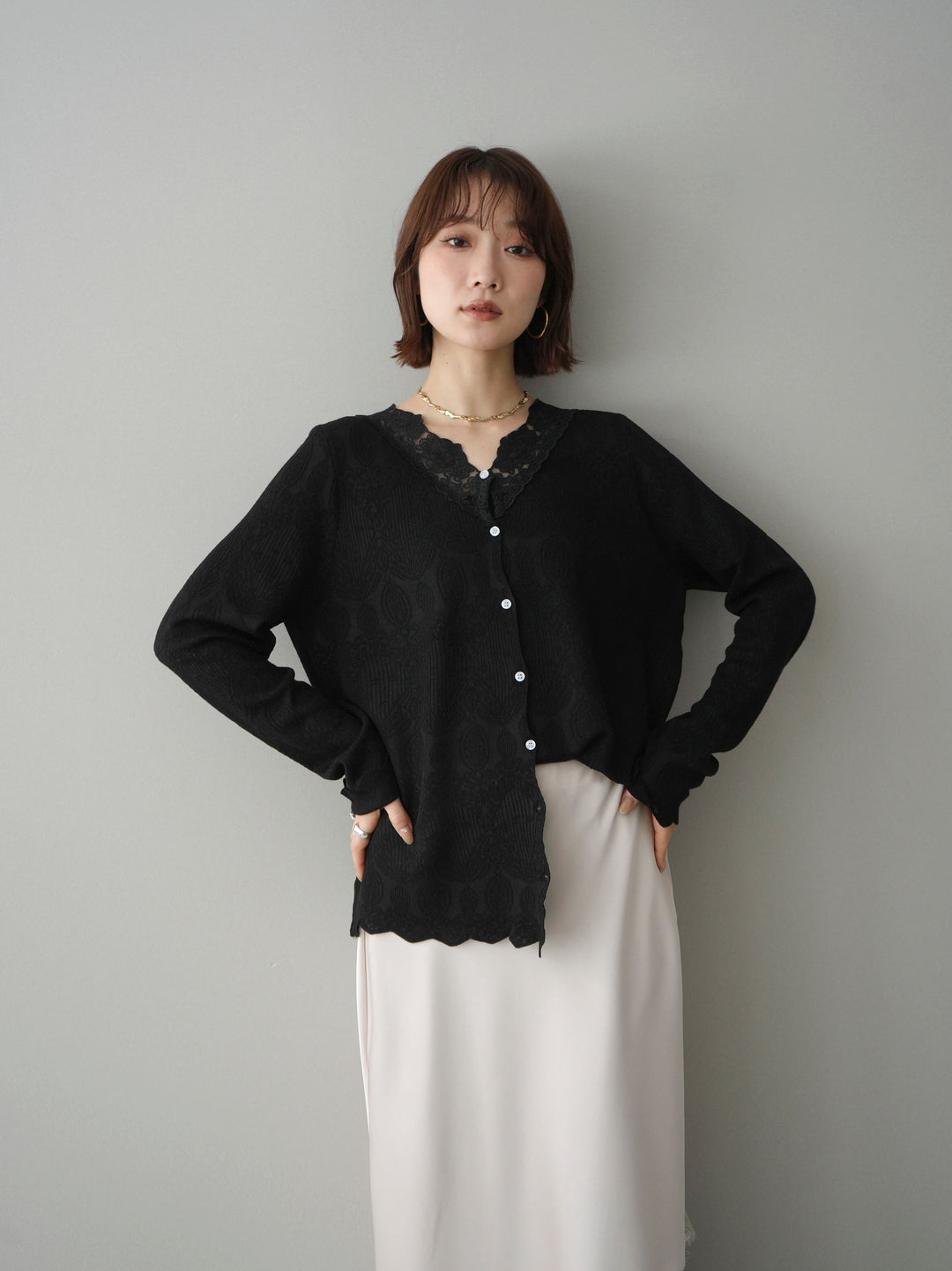 [SET]レースネックジャガードニットカーディガン+選べるアクセセット(2set)