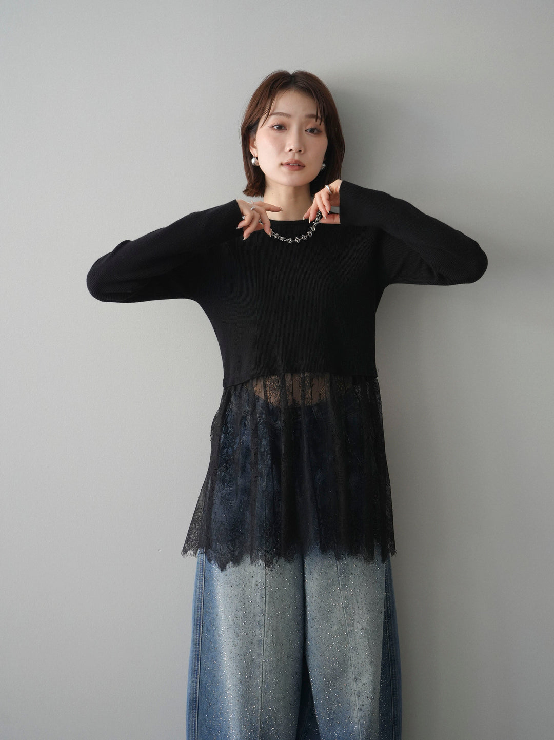 [予約]クルーネックレースドッキングリブニットトップス/black