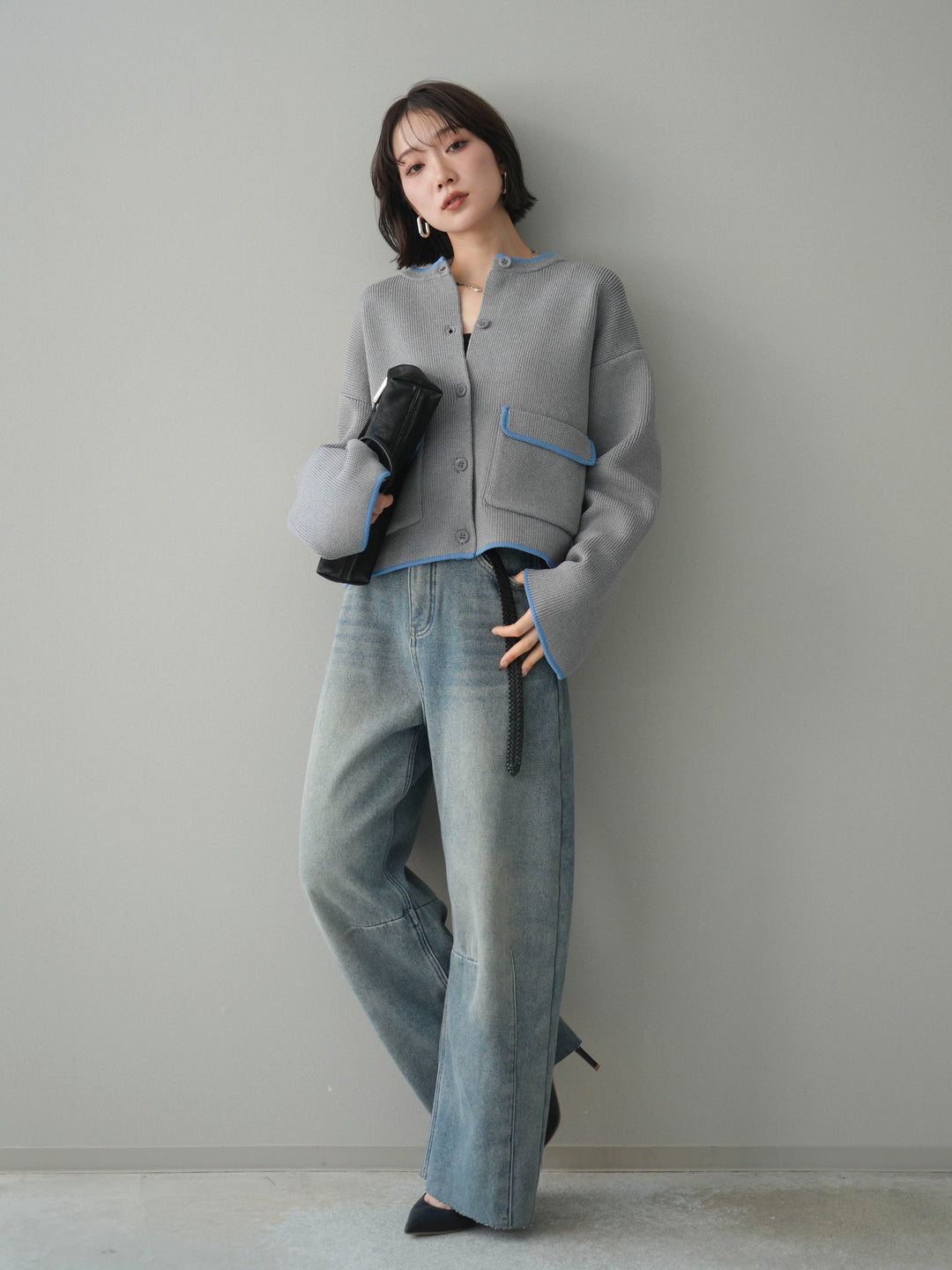 [SET]ポリエステル配色ニットカーディガン+裏起毛カットオフカーブデニムパンツ(2set)