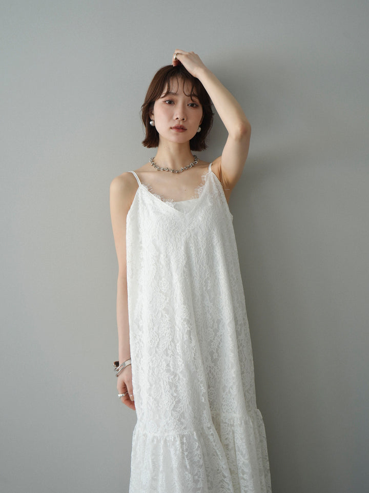 [予約]ギャザー切替レースキャミワンピース/white