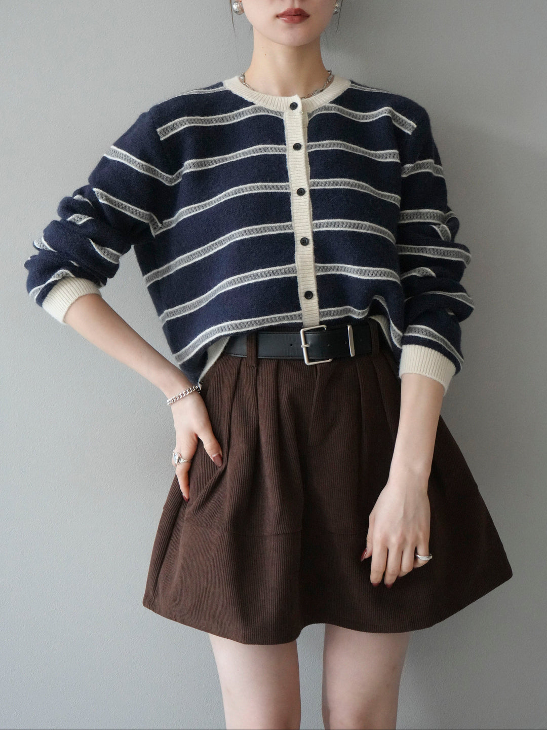 [予約]配色ボーダーニットカーディガン/navy