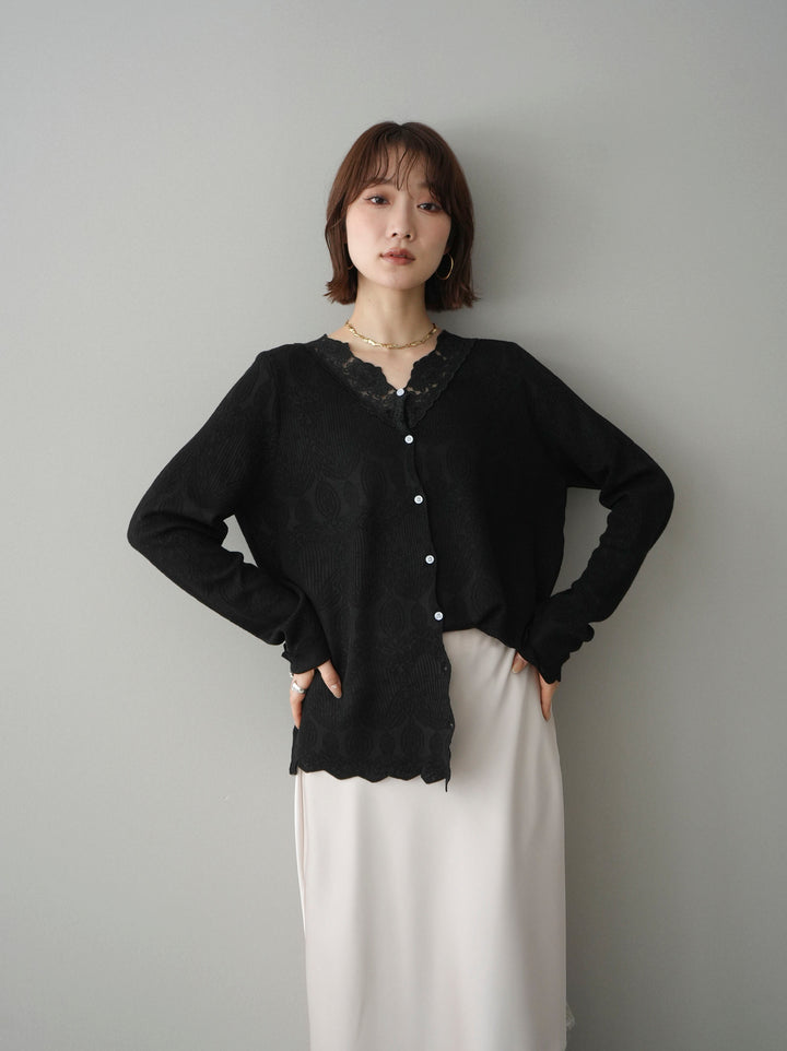 [SET]レースネックジャガードニットカーディガン+センターシームフレアパンツ+サテンライクアシメレーススカート(3set)