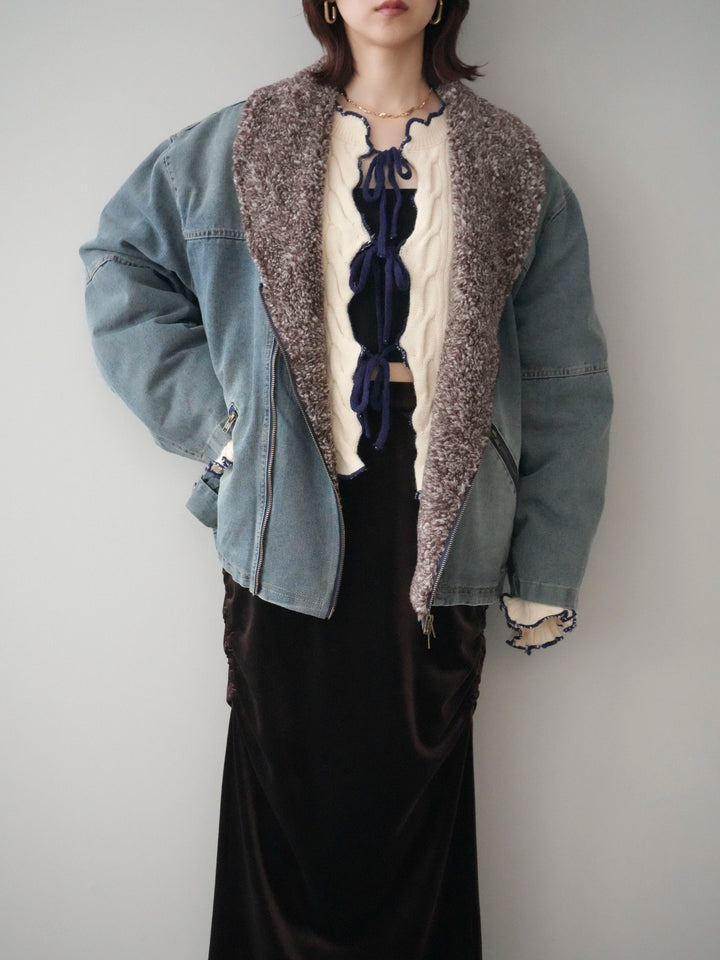 [SET]ミックスボアデニムジャケット+フロントリボン配色メローニットカーディガン+ギャザーベロアスカート(3set)