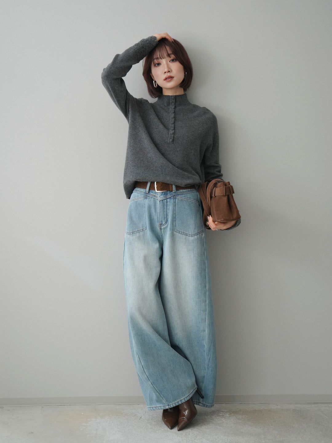 [SET]袖スカラップレースフロントボタンウールニットトップス+ベルト付裏起毛カーブデニムパンツ(2set)