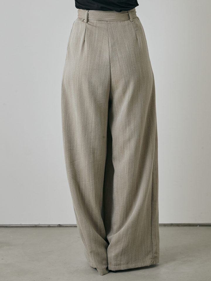 [予約]リネンライクウエストリボンワイドパンツ/ベージュ