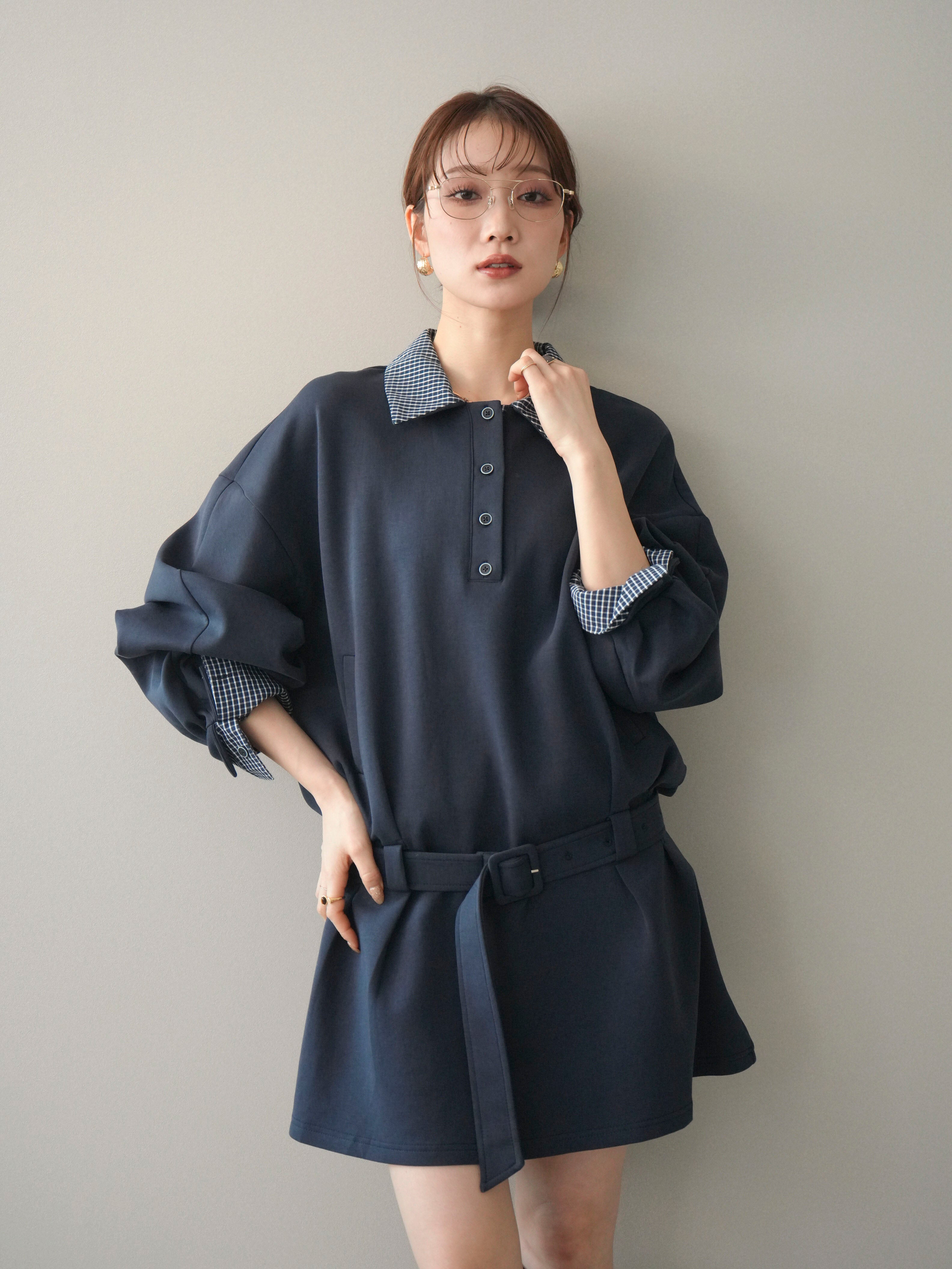 予約]チェック襟xスエットミニワンピース/blue – Lumier