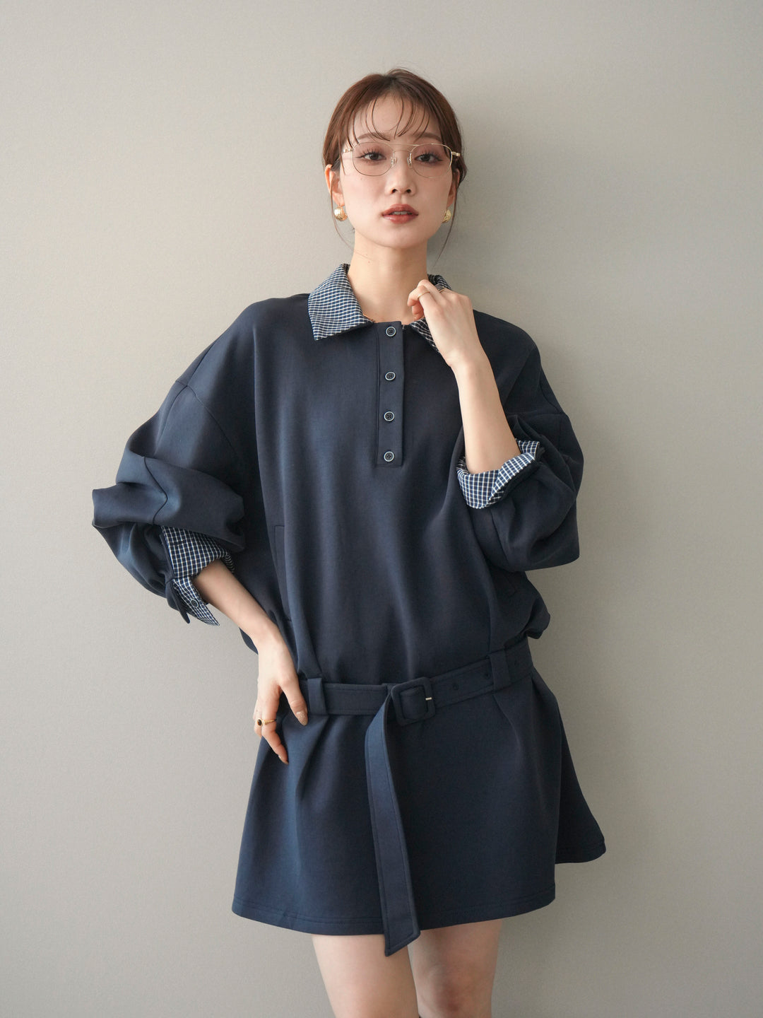 [予約]チェック襟xスエットミニワンピース/blue