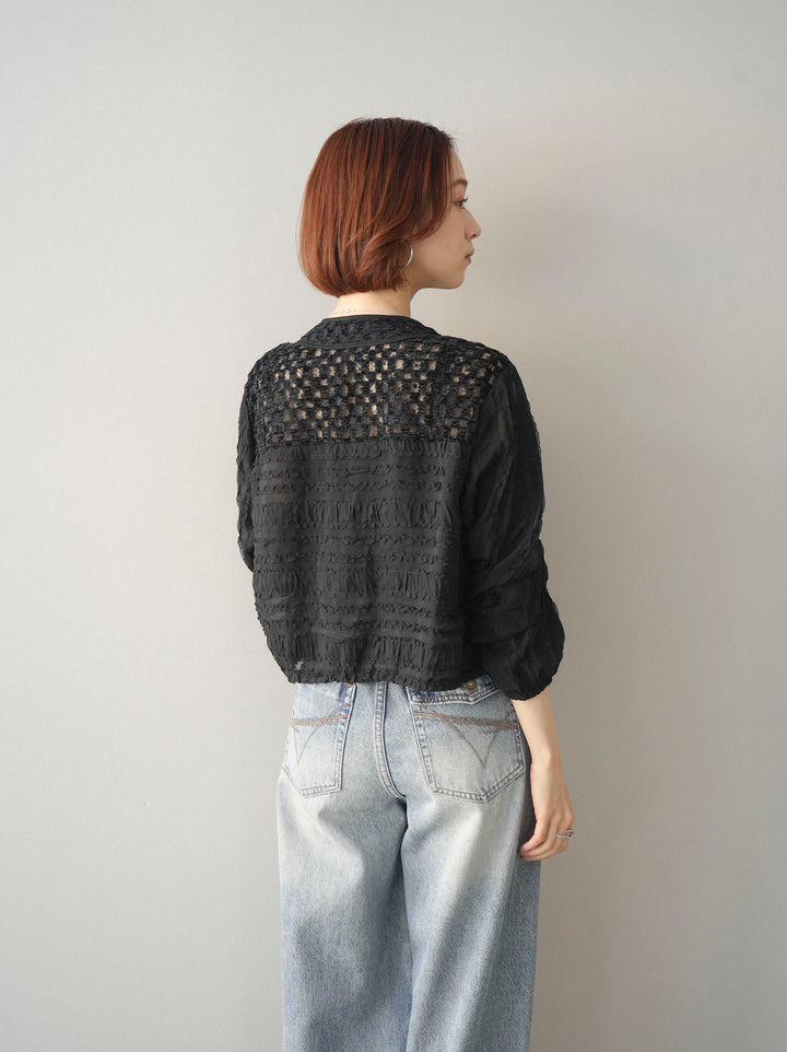 [SET]パッチワークシアーフリルブルゾン+カップ付テレコリブベアキャミソール+ダメージデニムセミワイドパンツ(3set)