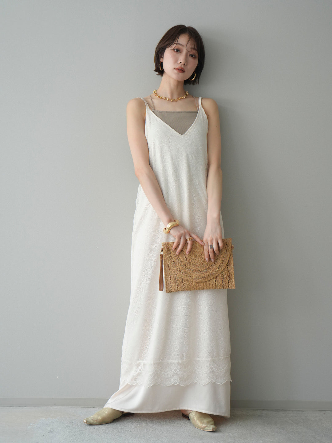 [予約]サテンレースレイヤードキャミワンピース/ivory