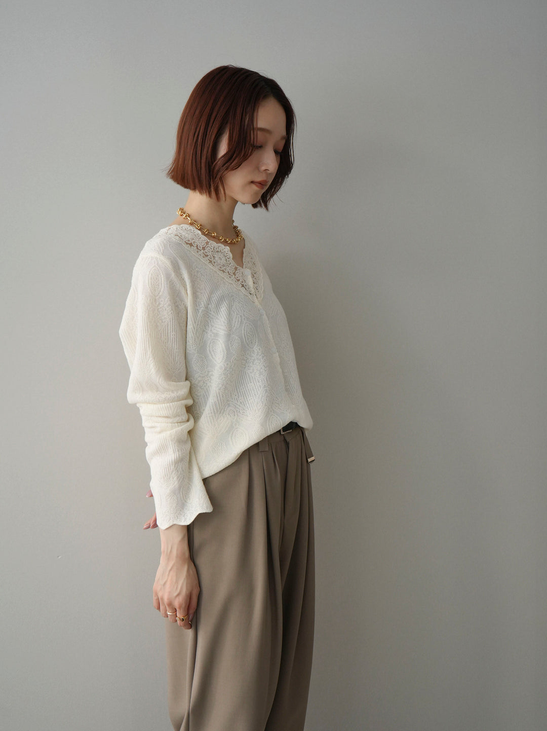 [SET]レースネックジャガードニットカーディガン+ベルト付キーホルダーモチーフワイドパンツ(2set)