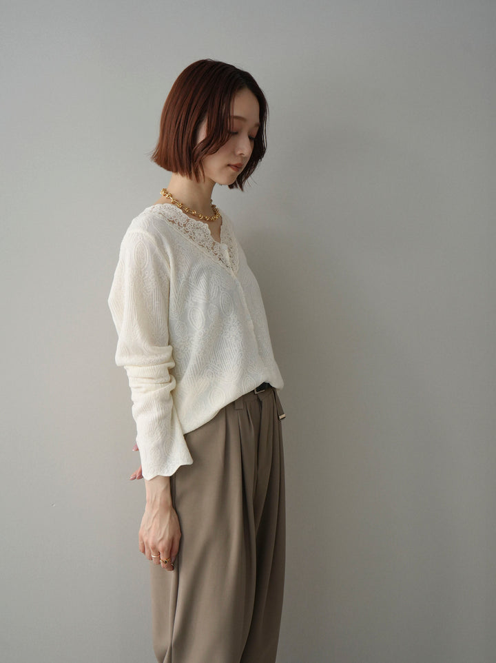 [SET]レースネックジャガードニットカーディガン+ベルト付キーホルダーモチーフワイドパンツ(2set)