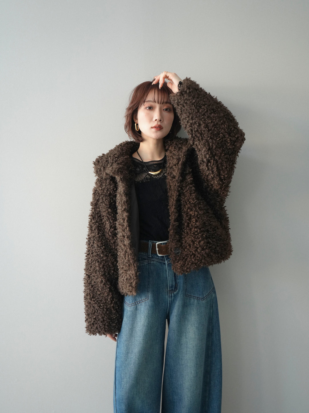 [SET]プードルファーミドルスタンドブルゾン+チュールレーストップス+ベルト付裏起毛カーブデニムパンツ(3set)