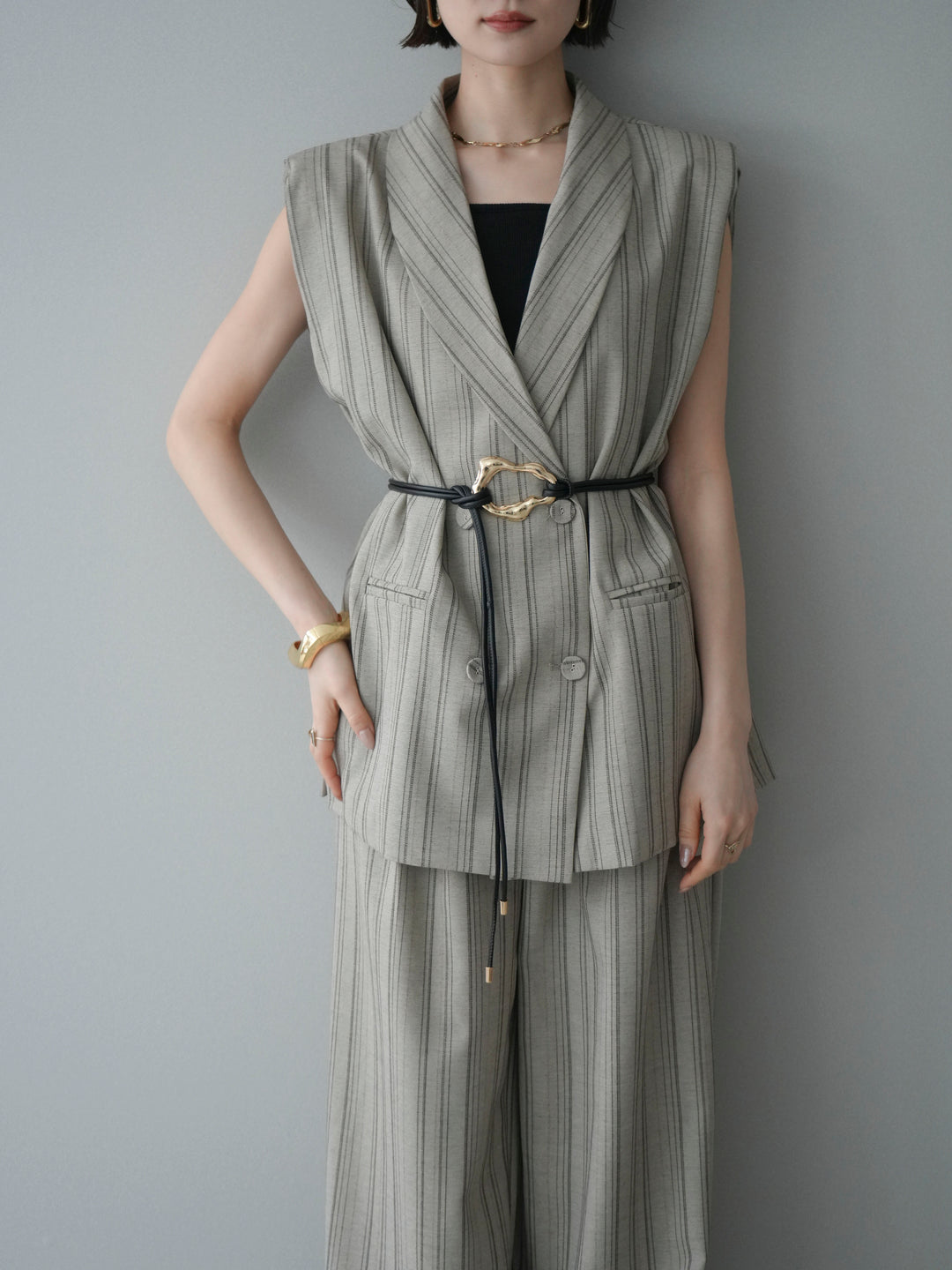 [SET]モチーフベルト付ストライプジレ＆パンツSETUP