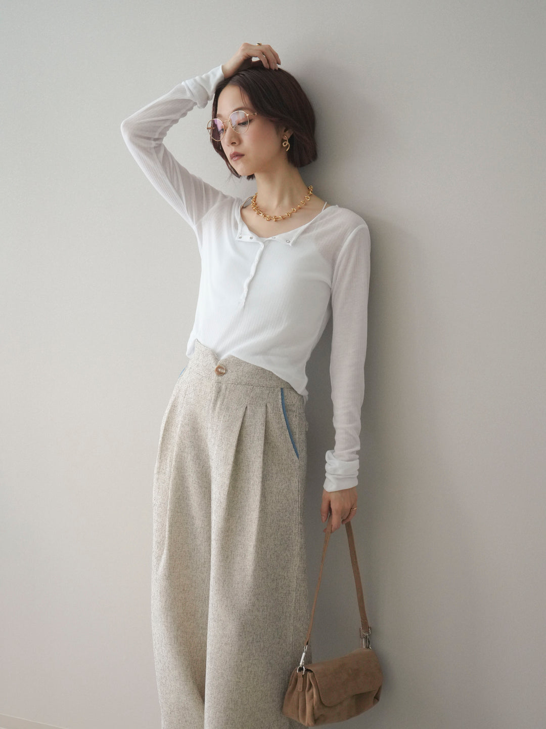 [予約]シアーリブヘンリーネックロンT/white