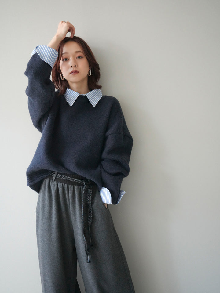 [予約]2WAYストライプ襟ニットプルオーバー/navy