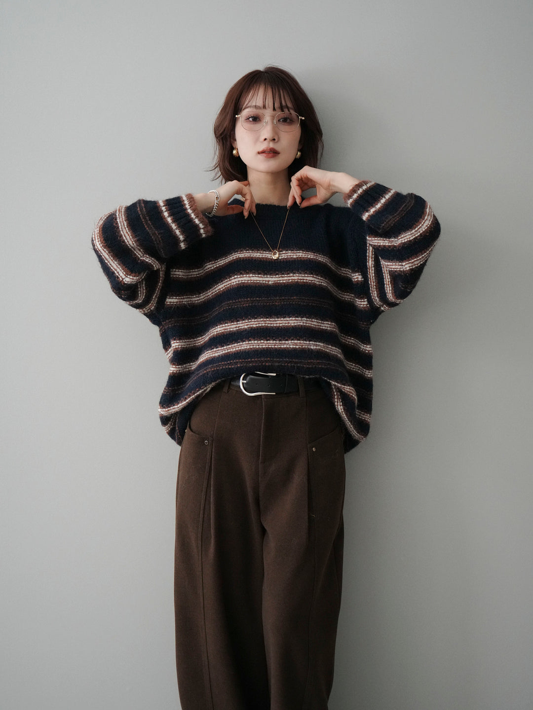 [予約]ステッチボーダーニットプルオーバー/navy