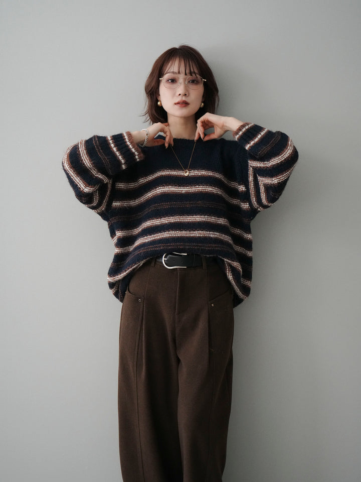 [予約]ステッチボーダーニットプルオーバー/navy