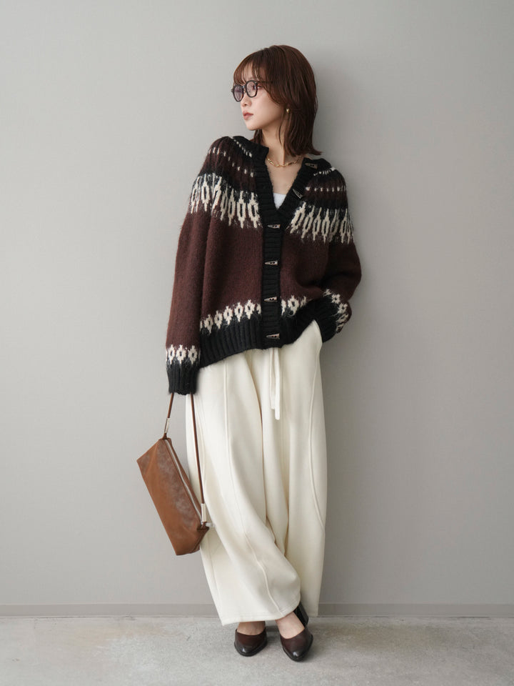 [SET]トグルボタン求心柄ニットカーディガン+ウエストベルトカーブラインスエットパンツ(2set)