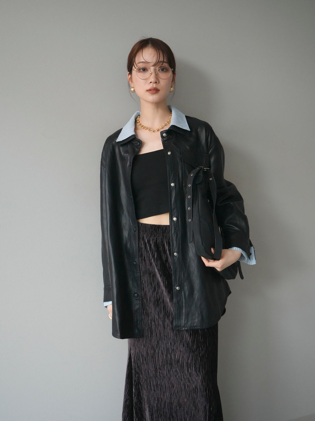 [予約]シャツレイヤードデザインレザージャケット/black