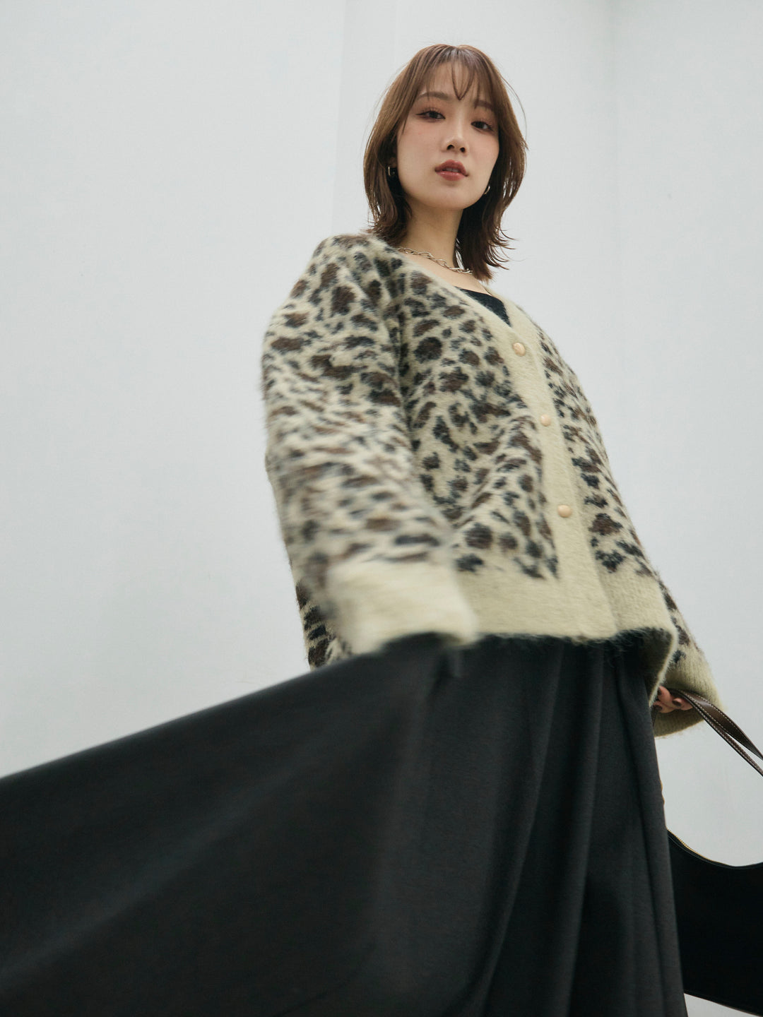 【Allure】[SET]レオパードシャギーニットカーディガン+ウールタッチフレアスカート(2set)