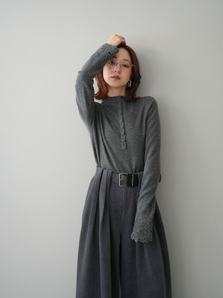 [SET]袖スカラップレースフロントボタンウールニットトップス+ベルトデザインループコールテンワイドパンツ(ベルト付き)(2set)