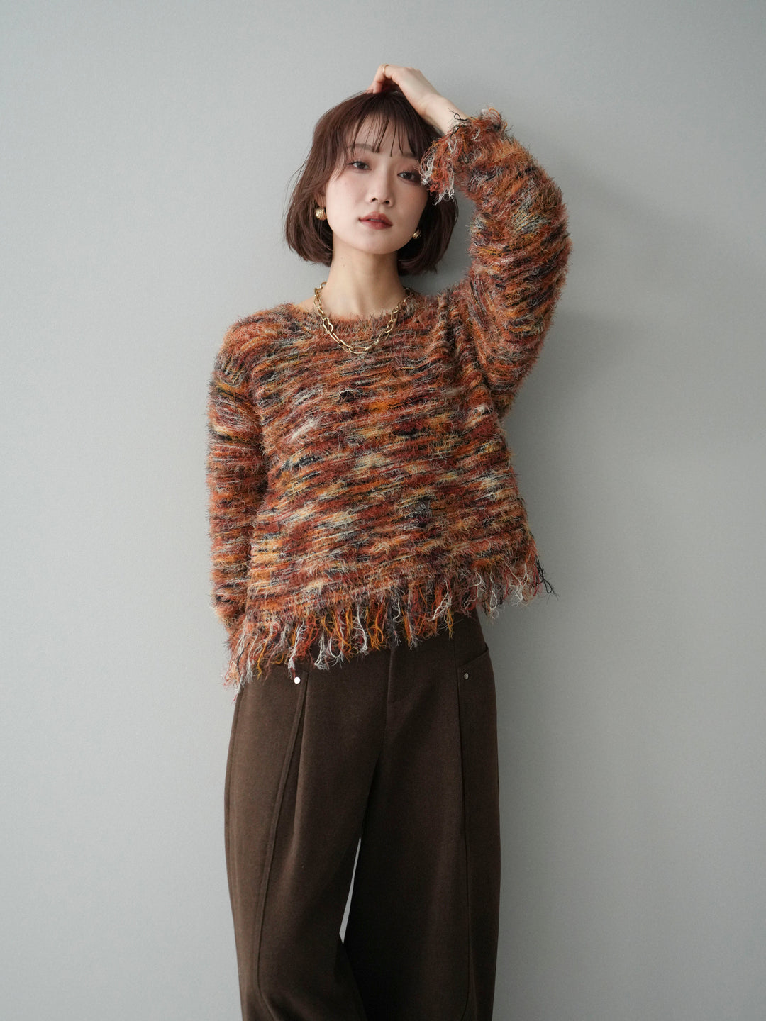 [SET]裾フリンジミックスヤーンシャギープルオーバー+ベルト付起毛コクーンパンツ(2set)