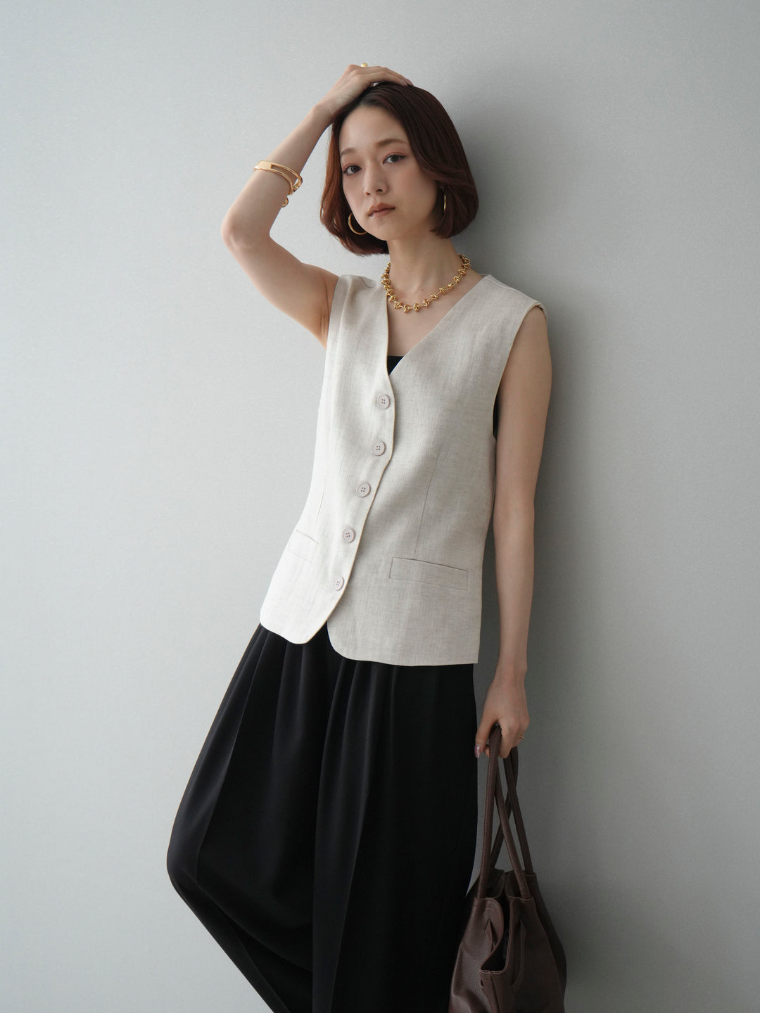 [予約]リネンタッチVネックジレ/ivory