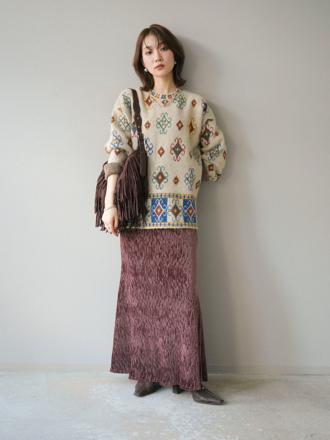 [予約]ヴィンテージ柄オーバーニットプルオーバー/アイボリー