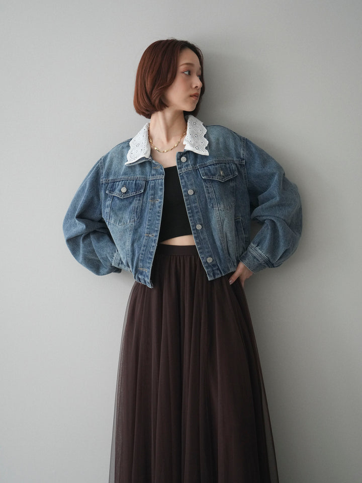 [予約]襟レースデニムショートジャケット/indigo