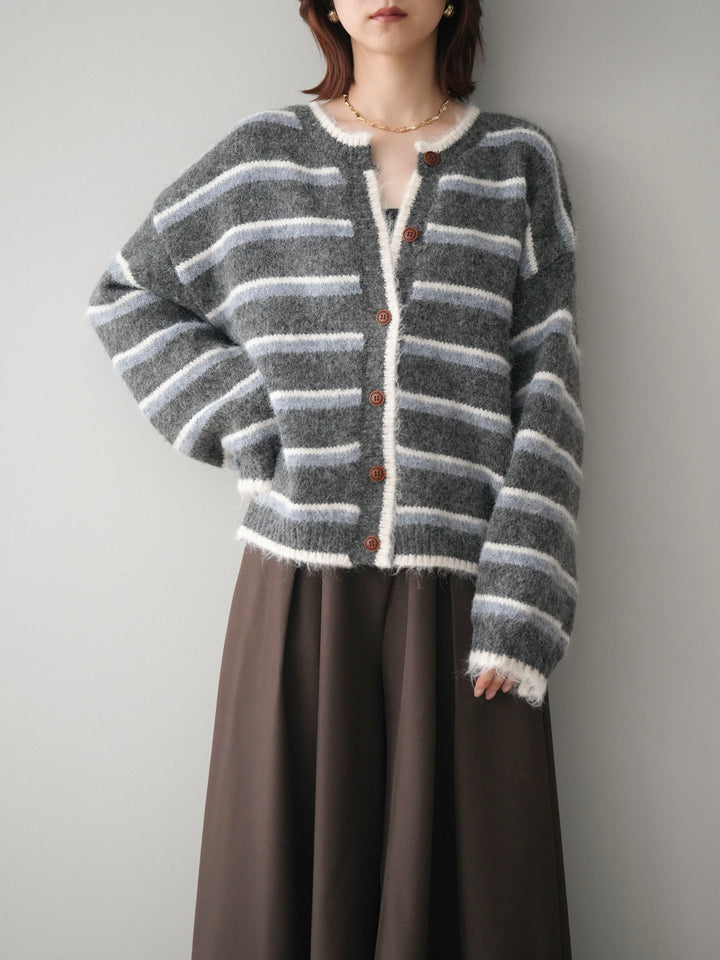 [SET]ウールタッチ配色ボーダーニットカーディガン+テープベルトタックバギーパンツ(2set)