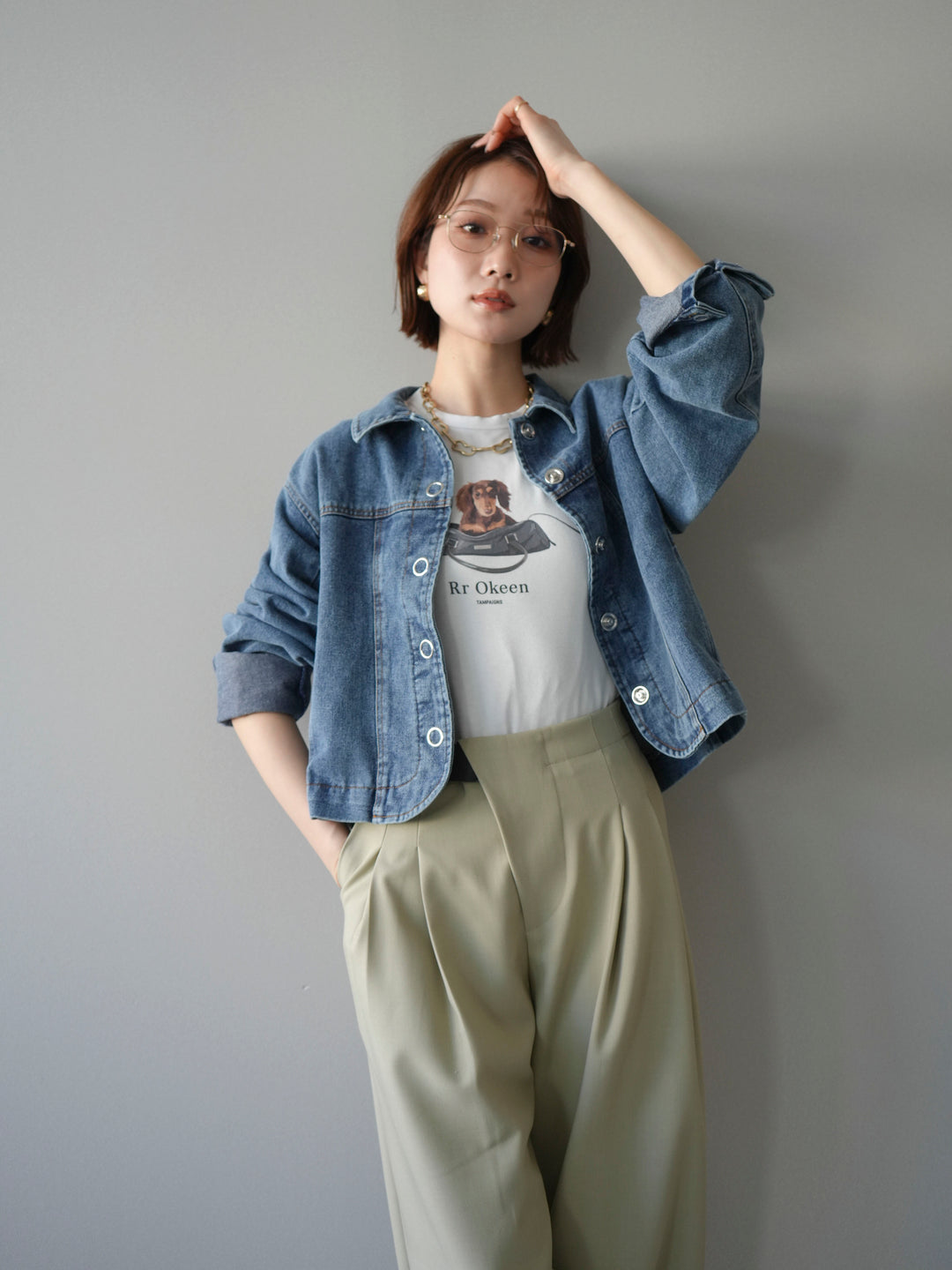 [SET]ラウンドカットコンパクトデニムジャケット+ドッグコンパクトTEE(2set)