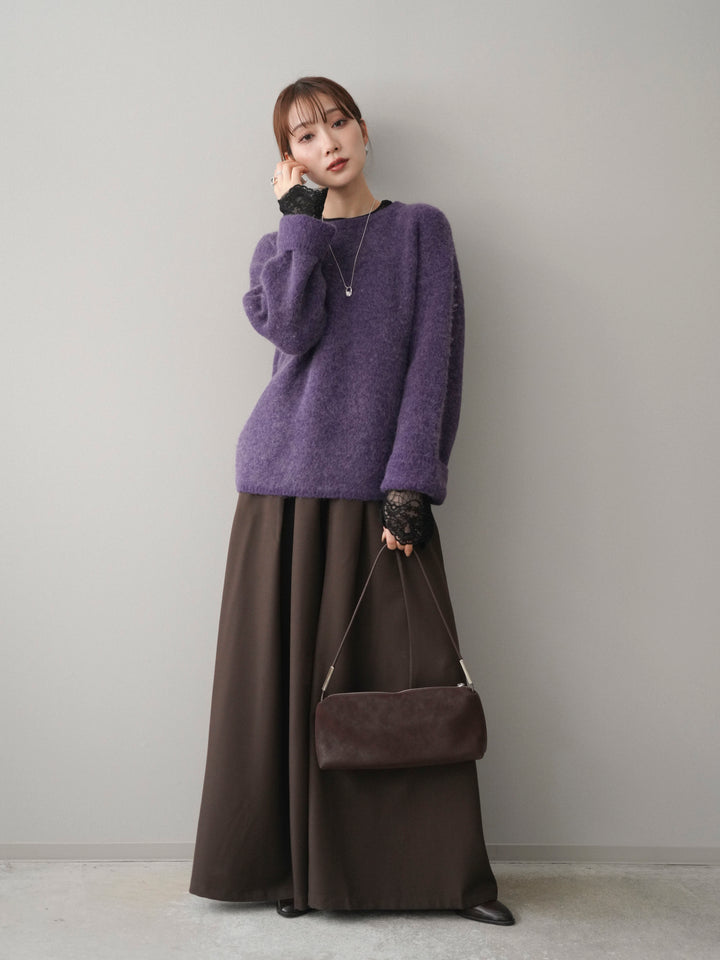 [SET]アンゴラタッチクルーネックニットプルオーバー+チュールレーストップス+テープベルトタックバギーパンツ(3set)