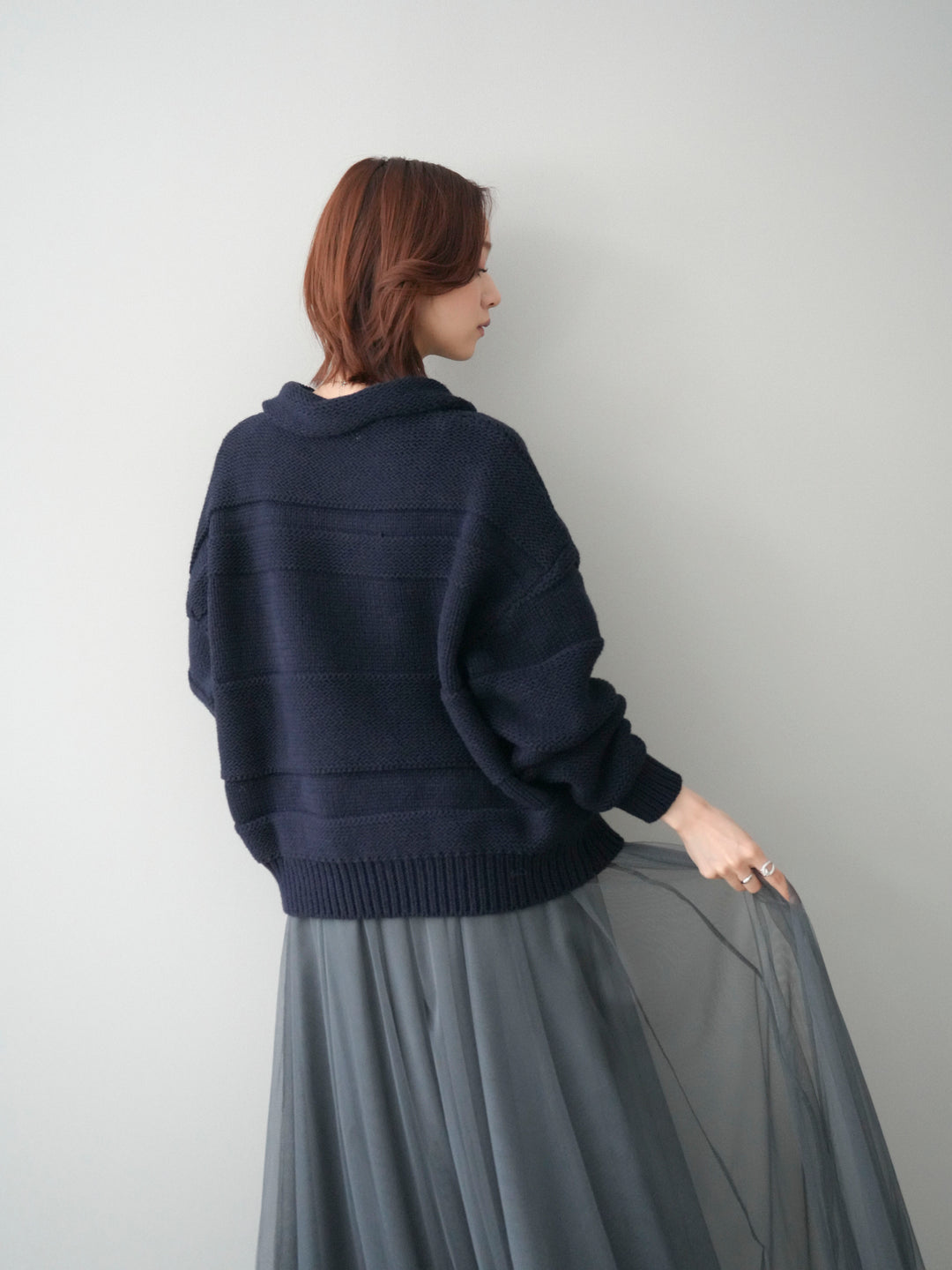 [SET]襟付きボーダー編みニットプルオーバー+チュールボリュームスカート(2set)